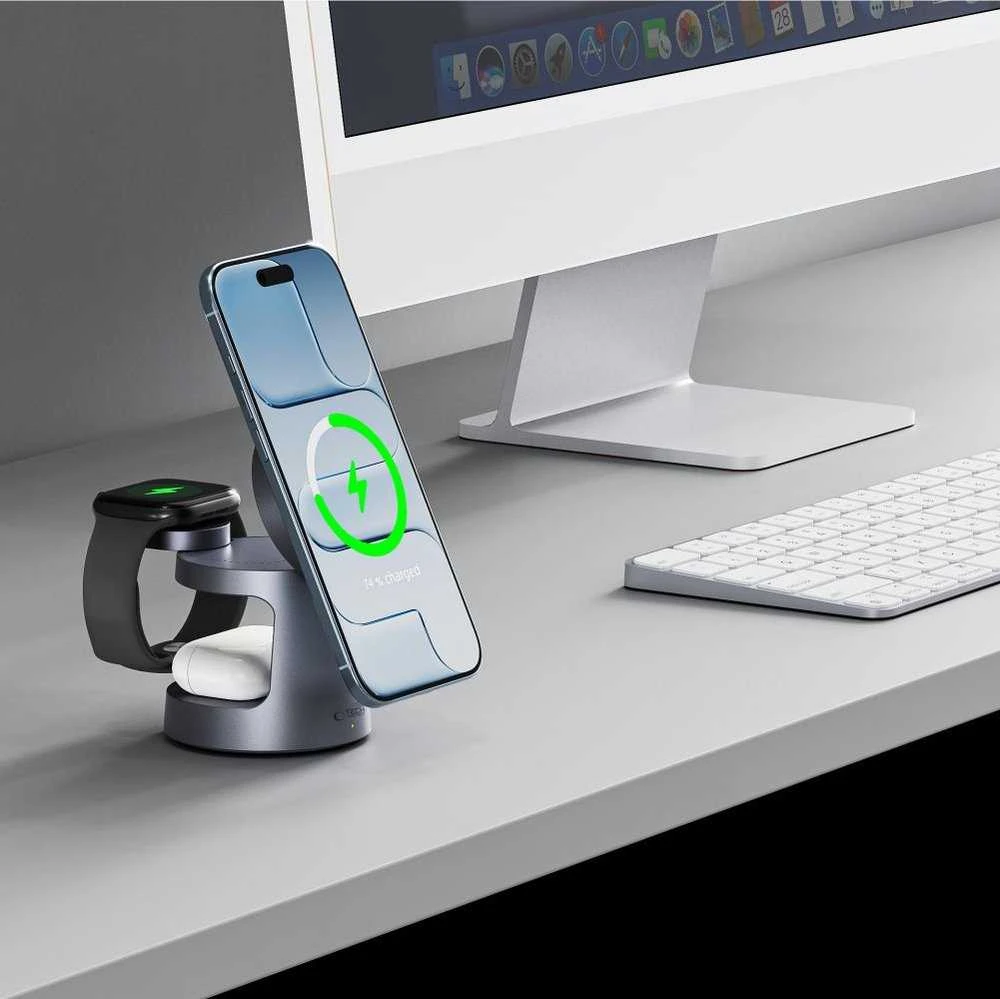 Tech-Protect QI2.2-25W-A48 3in1 magnetic MagSafe belaidis įkroviklis pilkos spalvos