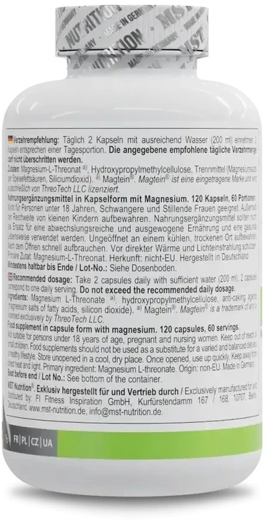 Magnio L-treonato kapsulės MST Magtein® 1000 mg, 120 kapsulių