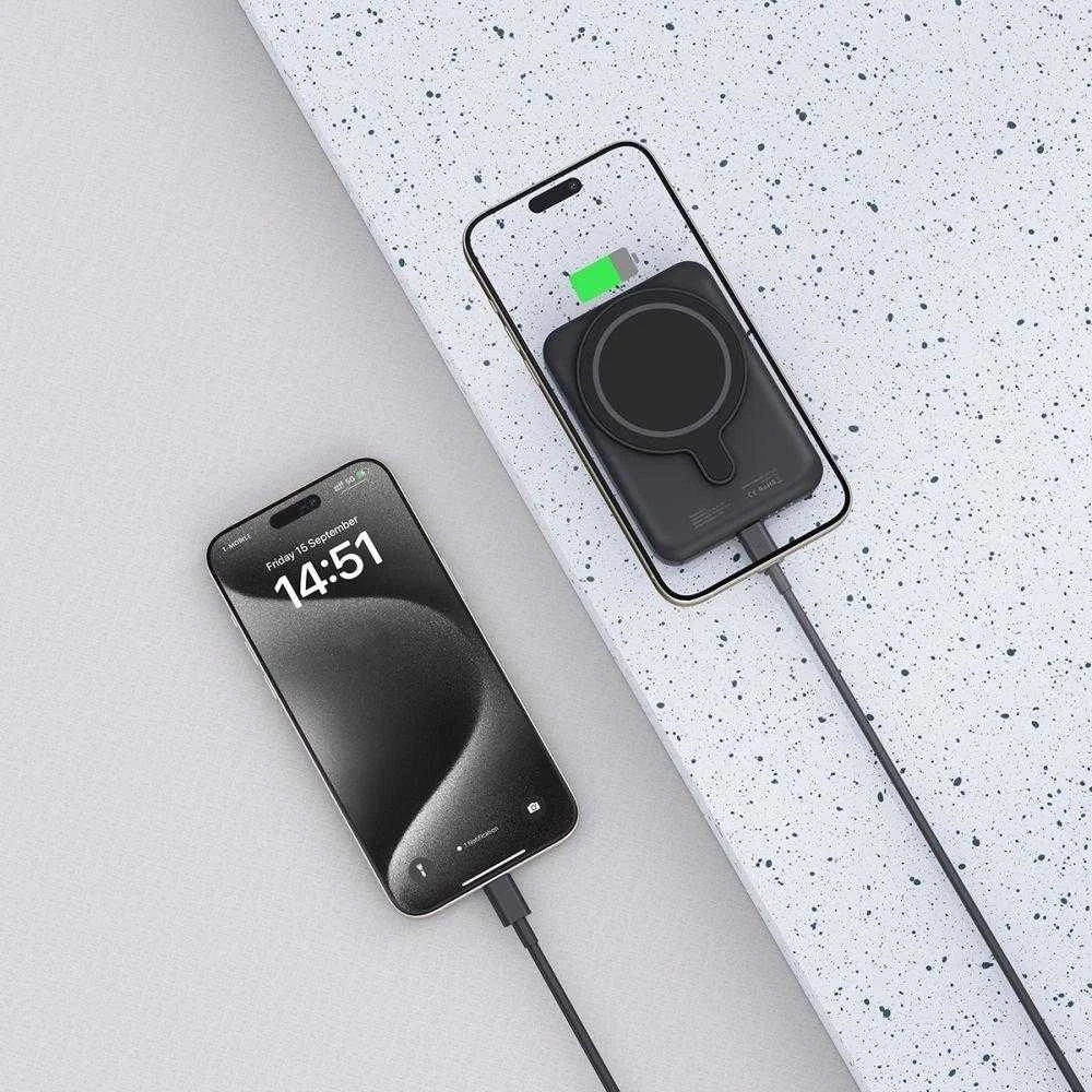 Tech-Protect LifeMag PB10 Powerbank su MagSafe 5000mAh 15W USB-C port – juodos spalvos + USB-C kabelis