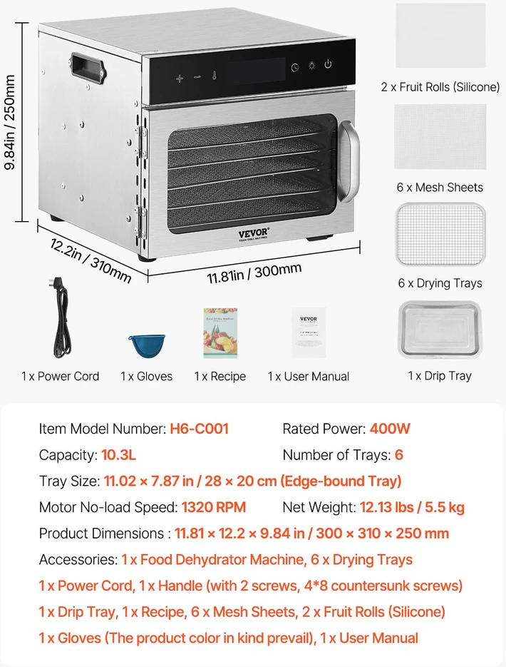 VEVOR 6 dėklų maisto džiovintuvas nerūdijantis plienas 400W