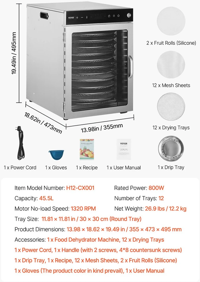 VEVOR 12 padėklų maisto džiovykla iš nerūdijančio plieno 800W