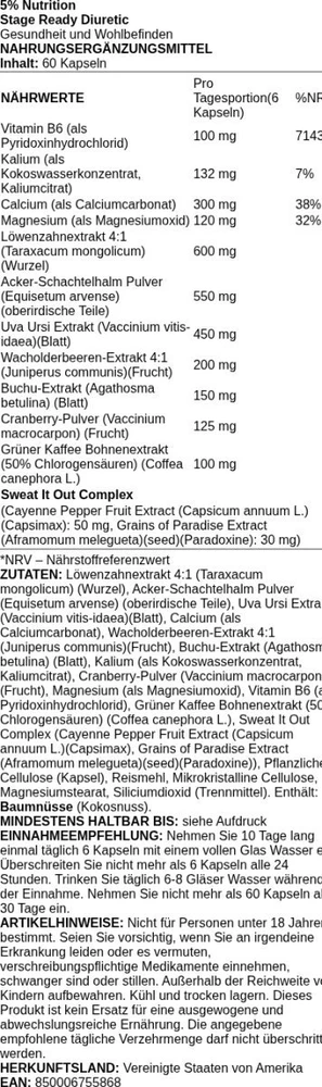 Maisto papildas kapsulėmis 5% Nutrition Stage Ready Diuretic 60 kapsulių