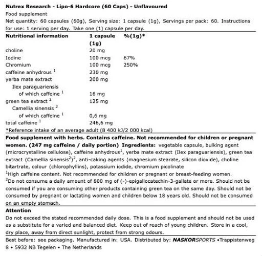 Maisto papildas kapsulėmis Nutrex LIPO-6 Hardcore 60 kapsulių