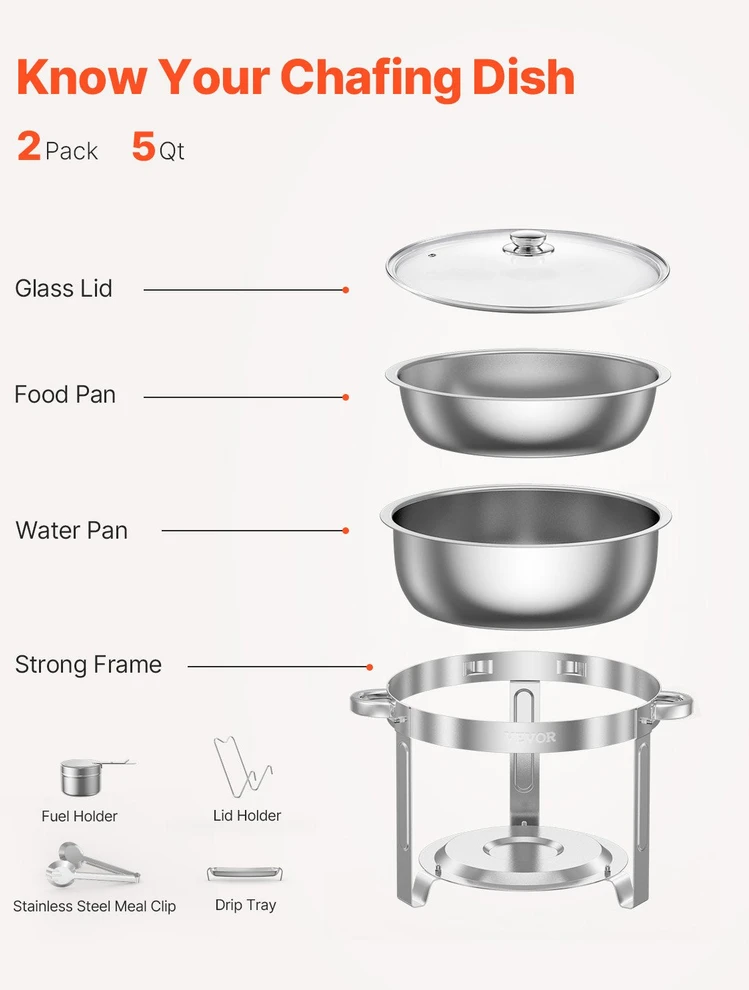 VEVOR apvalus chafing dish 4,7 l dubenėlis, 2 vnt.