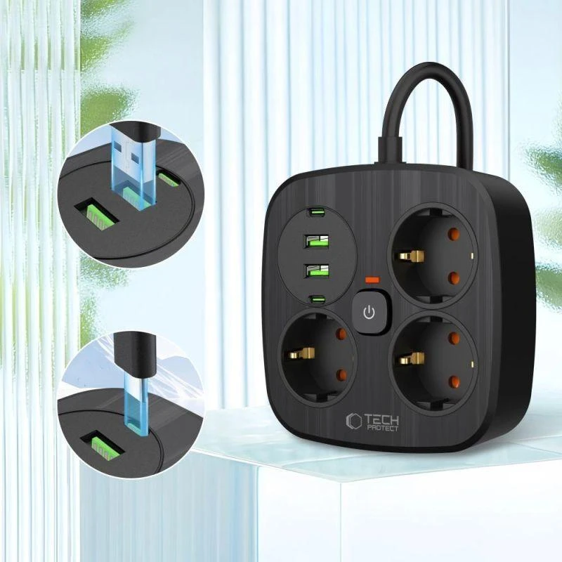 „Tech-Protect PCS3X4“ maitinimo lizdas, 3 lizdai, 2xUSB-A, 2xUSB-C, 200 cm - juodas