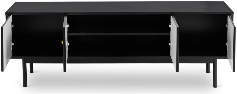 TV staliukas MARLEN 155 cm juoda moderni keturių durų televizoriaus spintelė svetainei