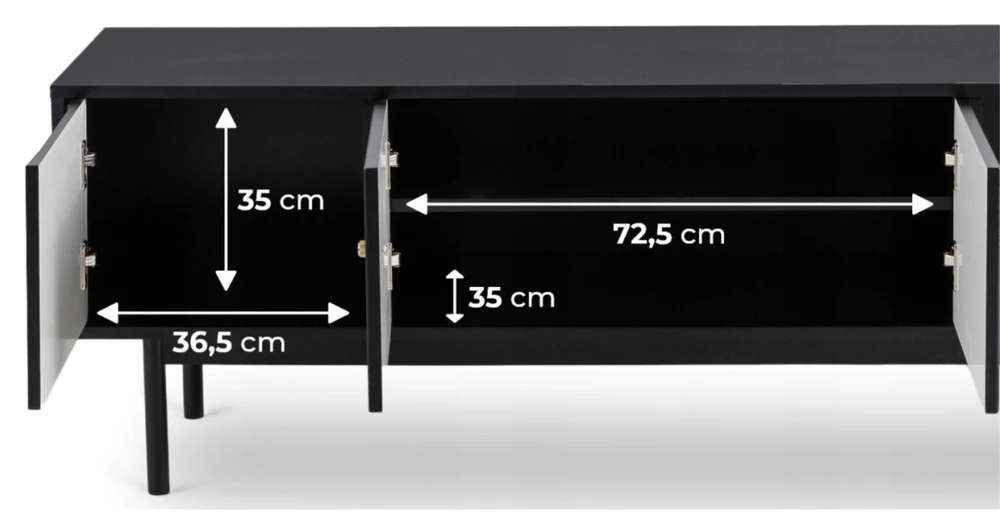 TV staliukas MARLEN 155 cm juoda moderni keturių durų televizoriaus spintelė svetainei