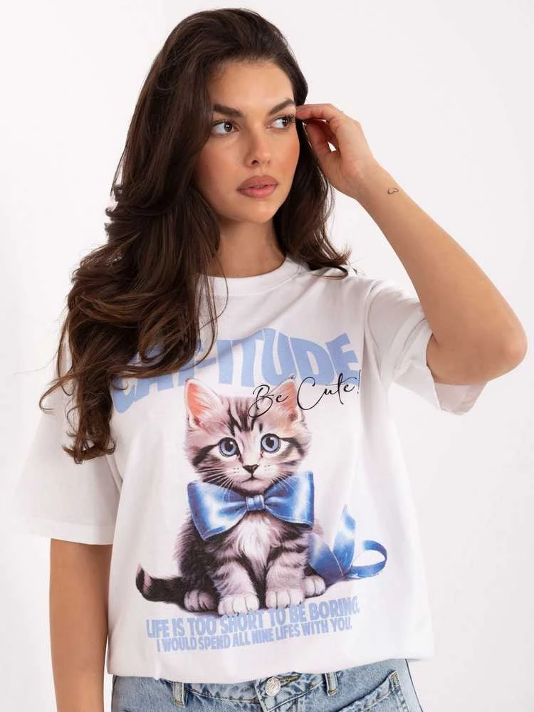 Marškinėliai moteriški balti su katės raštu CAT-ITUDE