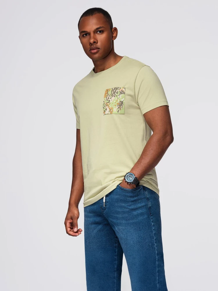 Marškinėliai vyriški šviesiai žali medvilniniai su marginta kišene