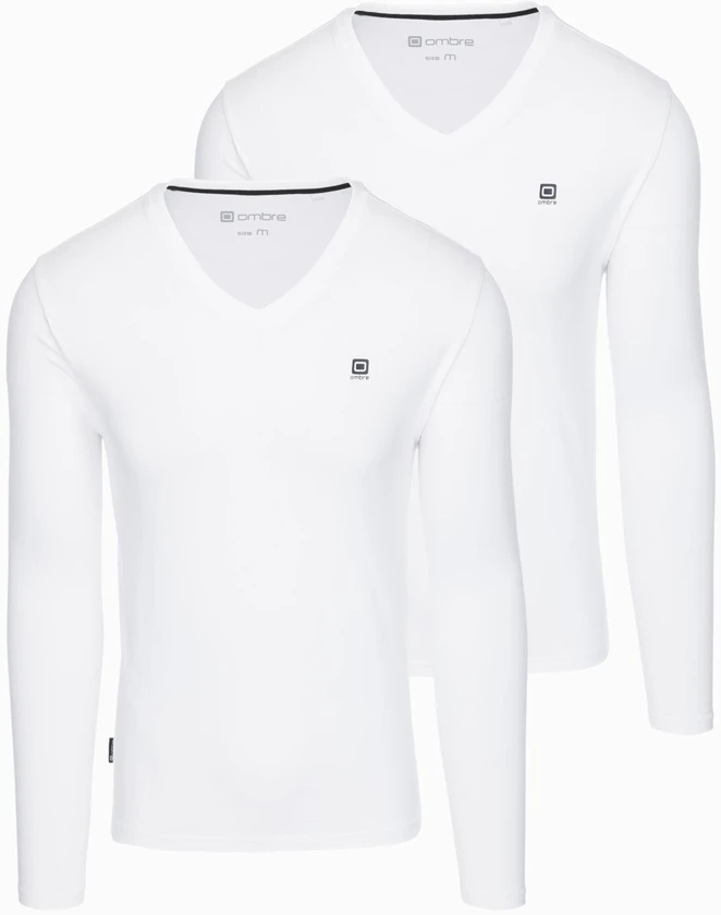 Marškinėlių ilgomis rankovėmis rinkinys vyriškas baltas slim fit V formos iškirpte 2 vnt. Ombre