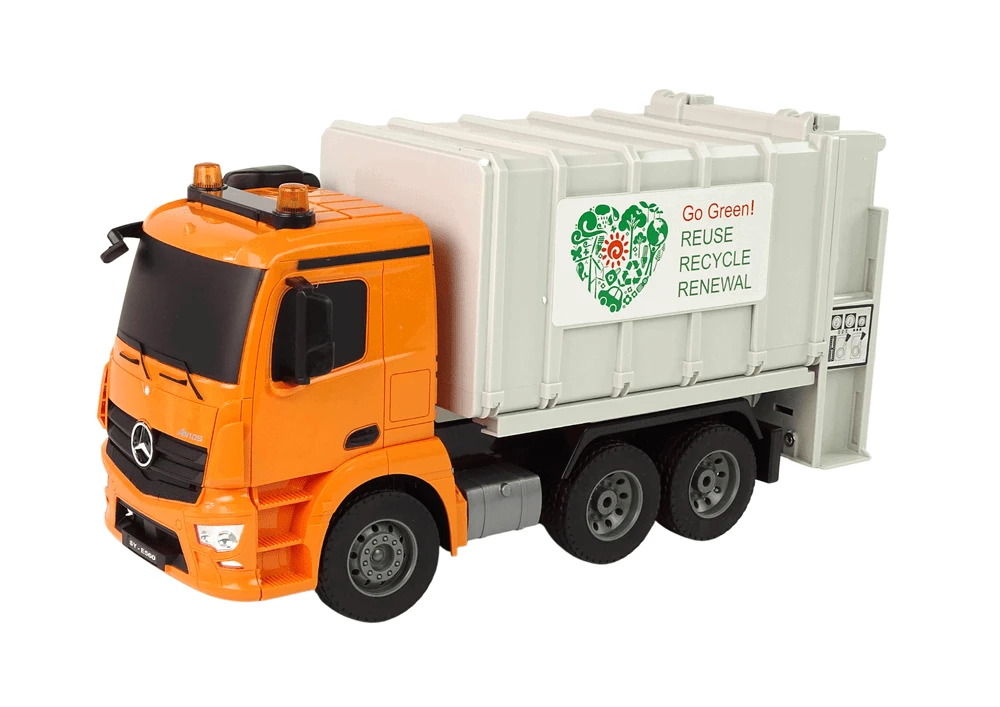 Double E Nuotoliniu būdu valdomas sunkvežimis RC Garbage Truck Mercedes-Benz Antos, oranžinis