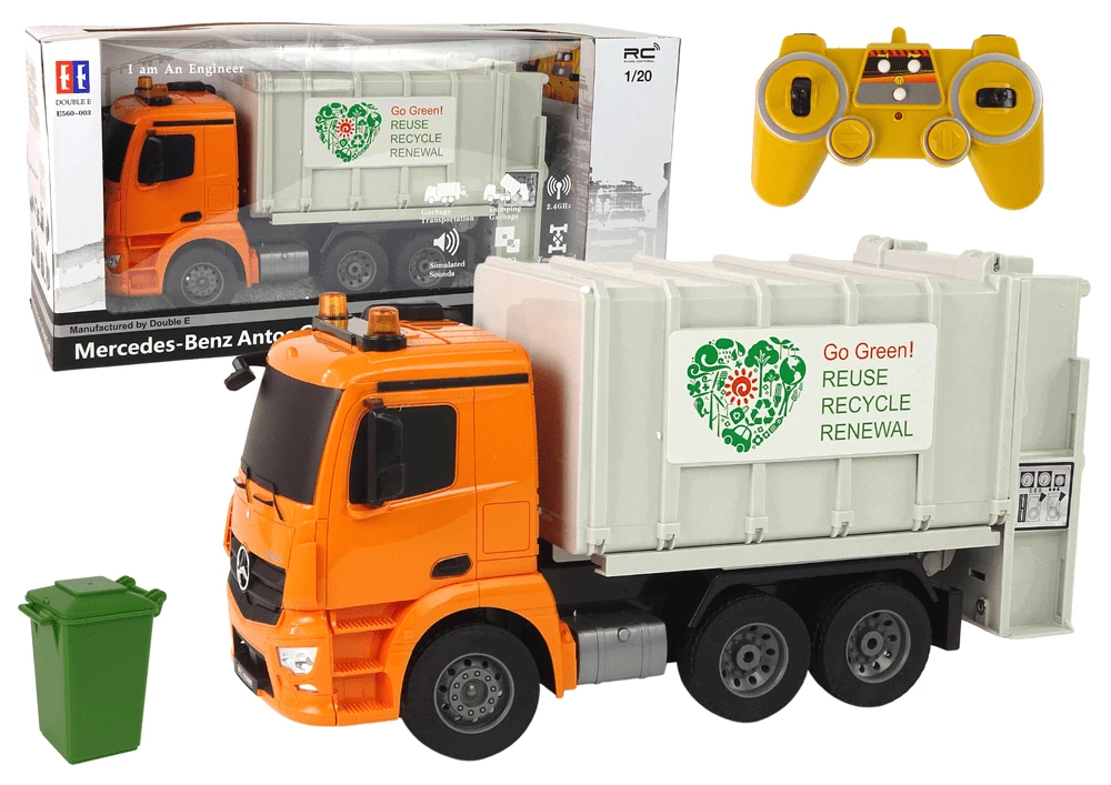 Double E Nuotoliniu būdu valdomas sunkvežimis RC Garbage Truck Mercedes-Benz Antos, oranžinis
