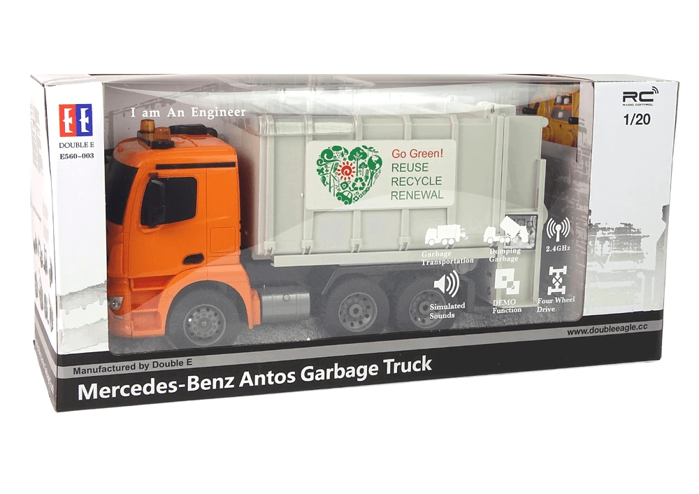 Double E Nuotoliniu būdu valdomas sunkvežimis RC Garbage Truck Mercedes-Benz Antos, oranžinis