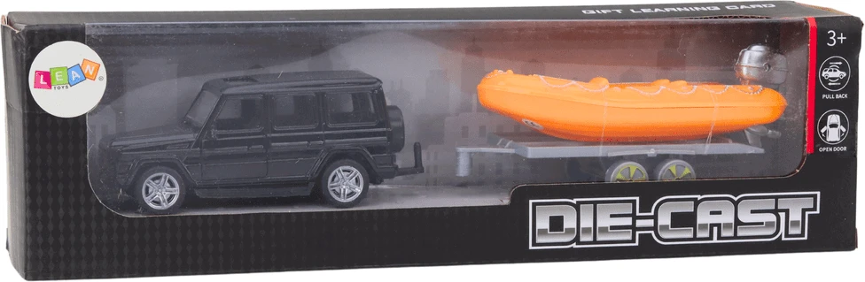 Lean Toys Juodas visureigis su priekaba ir oranžine valtimi vaikams
