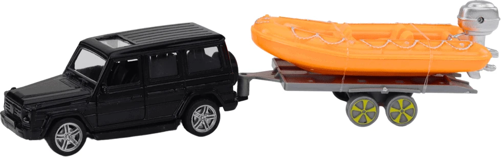Lean Toys Juodas visureigis su priekaba ir oranžine valtimi vaikams