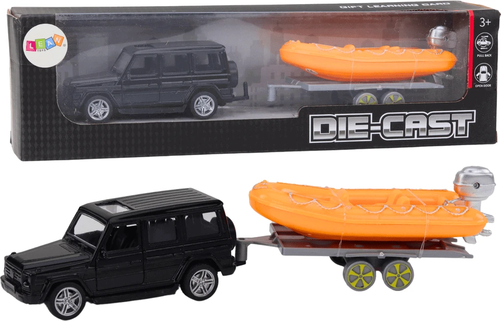 Lean Toys Juodas visureigis su priekaba ir oranžine valtimi vaikams
