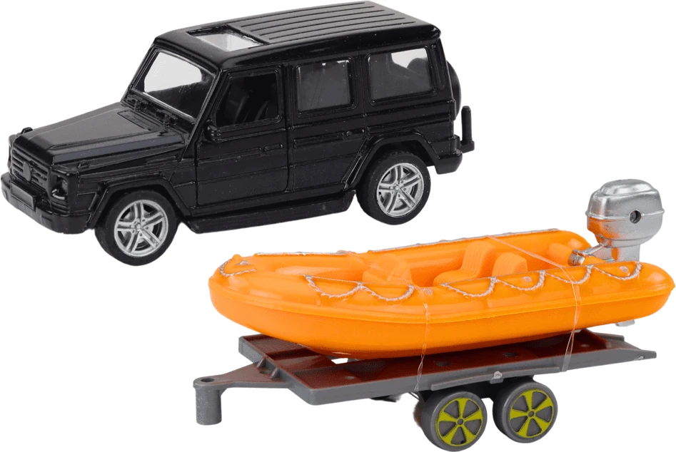 Lean Toys Juodas visureigis su priekaba ir oranžine valtimi vaikams