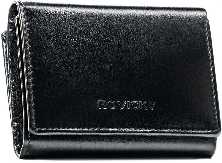 Mały, juoda portfel damski ze skóry naturalnej wyposażony w system RFID - Rovicky
