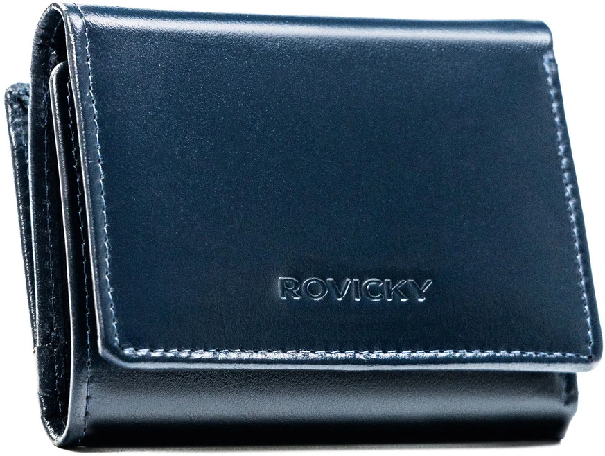 Mały portfel damski ze skóry naturalnej w granatowym kolorze, wyposażony w system RFID - Rovicky