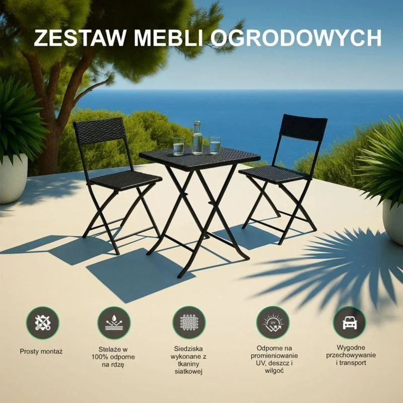 Extralink Small Juodas Forest Garden Furniture Set, Two Chairs + Juodas Table lauko baldų komplektas Juoda