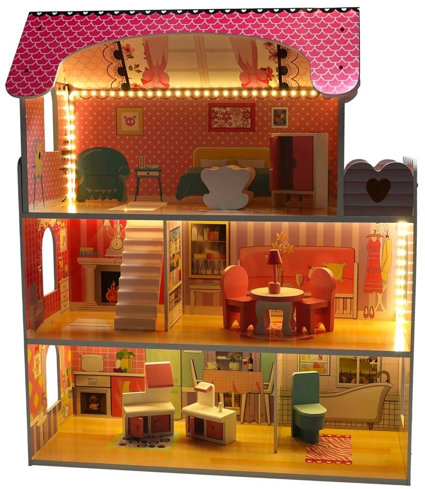 Ikonka MDF medinis lėlių namelis + baldai 70cm rožinis LED