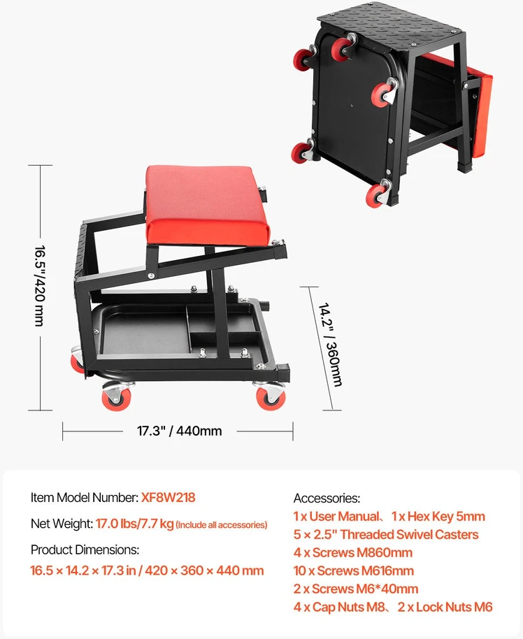 VEVOR Mechaniko kėdė su ratukais 130 kg terpei