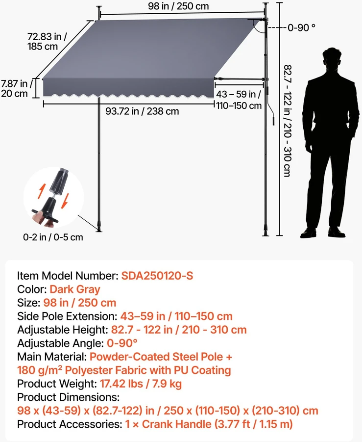 VEVOR Rankiniu būdu ištraukiama lauko markizė 250 cm