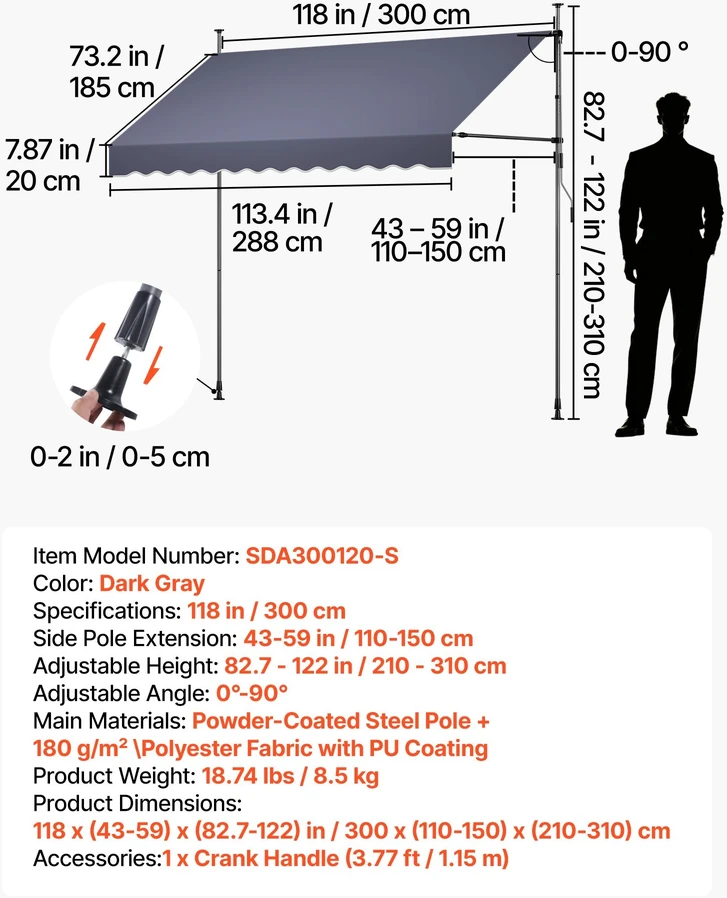 Mechaninė markizė VEVOR SDA300120-S, 300 cm