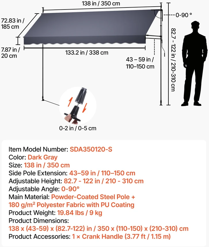 Mechaninė markizė VEVOR SDA350120-S, 350 cm