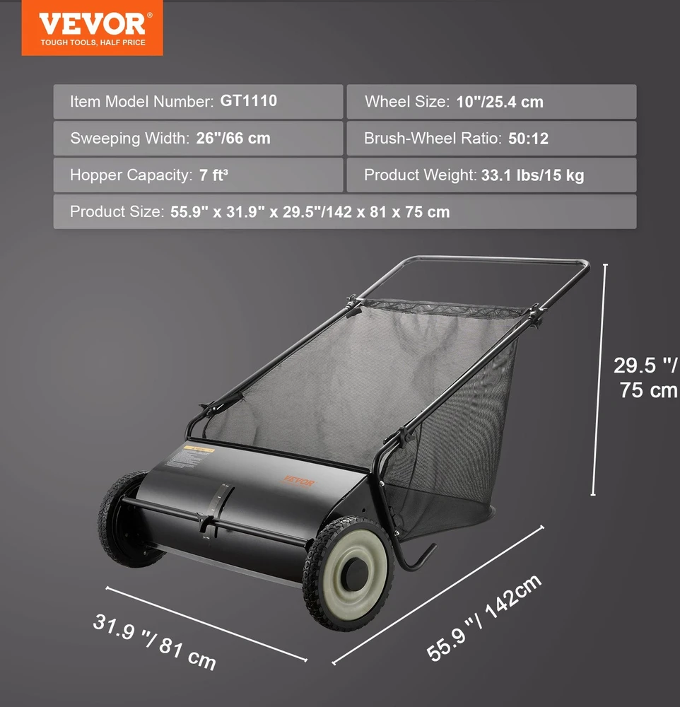 VEVOR Vejos šlavėjas su 66 cm surinkimo plotu