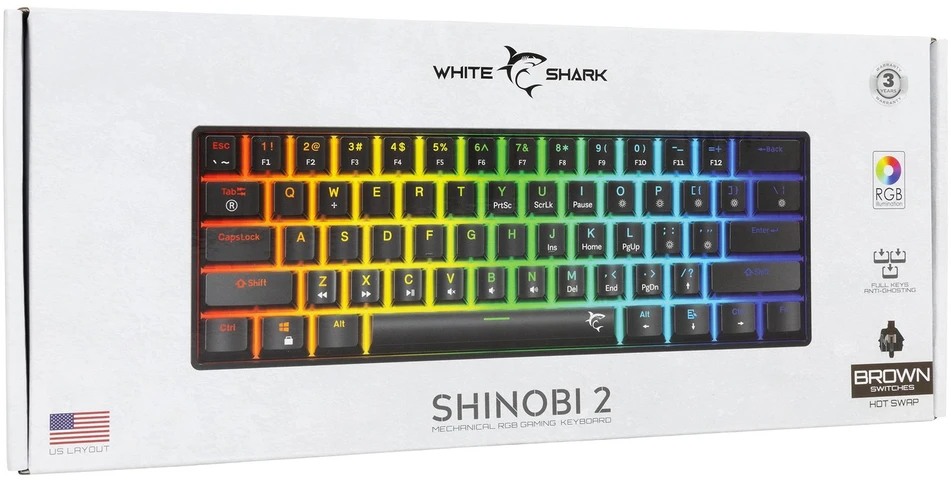 White Shark Klaviatūra žaidimams Baltas Shark Shinobi Brown su laidu mechaninė su pašvietimu juoda