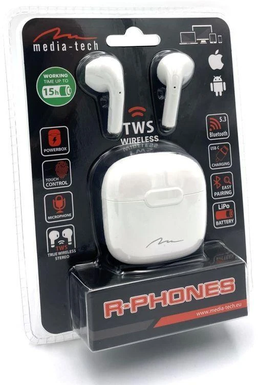 Media-Tech belaidės ausinės R-PHONES MT3589W TWS, Bluetooth, baltos