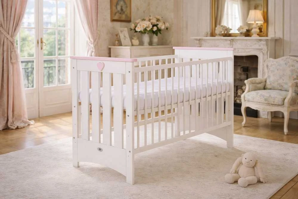 My Sweet Baby Medinė kūdikio lovytė Lorenzo III 120×60 cm, balta–rožinė