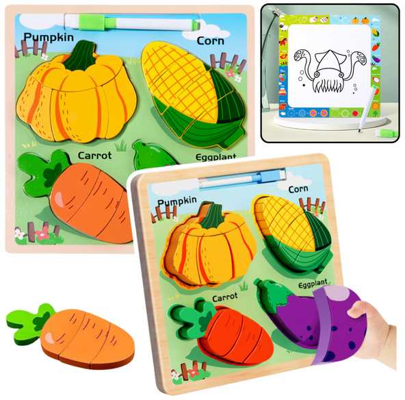 Lean Toys Medinė lavinamoji dėlionė su daržovėmis ir piešimo lenta
