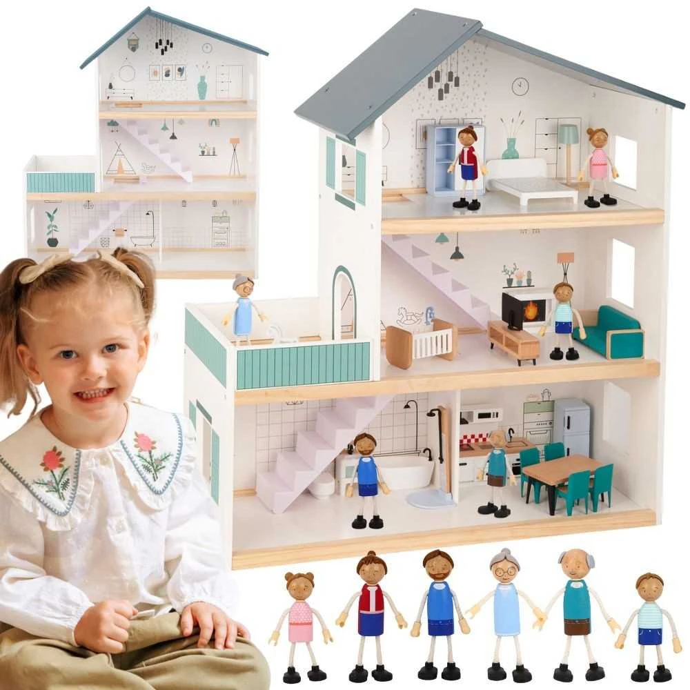Tooky Toys TOOKY TOY Lėlių Namas Medinis 3 Aukštų su 6 Figūrėlėmis