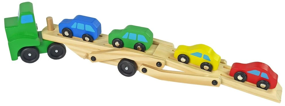 Lean Toys Medinis žalias vilkikas su žaisliniais automobiliais