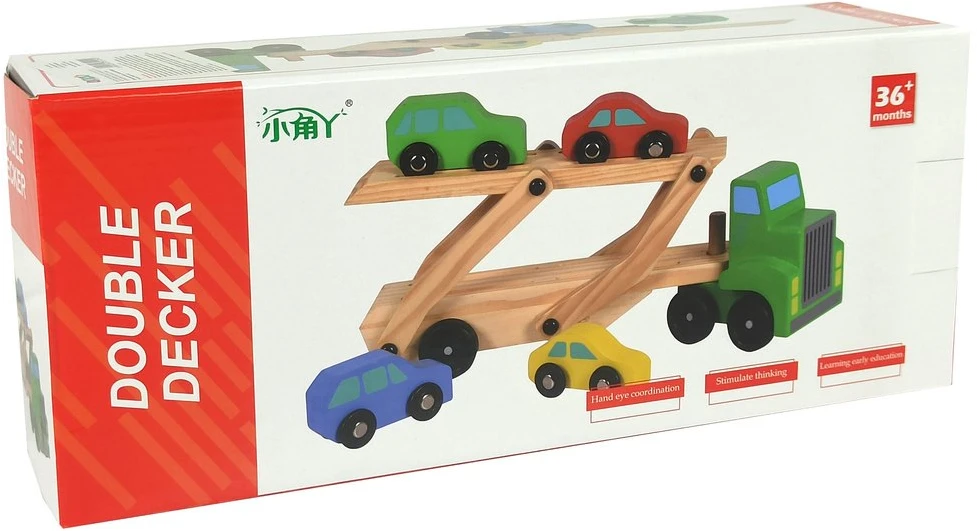 Lean Toys Medinis žalias vilkikas su žaisliniais automobiliais
