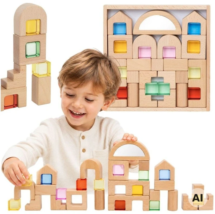 Viga Toys VIGA medinės konstruktoriaus kaladėlės su spalvotais langeliais 32 vnt.