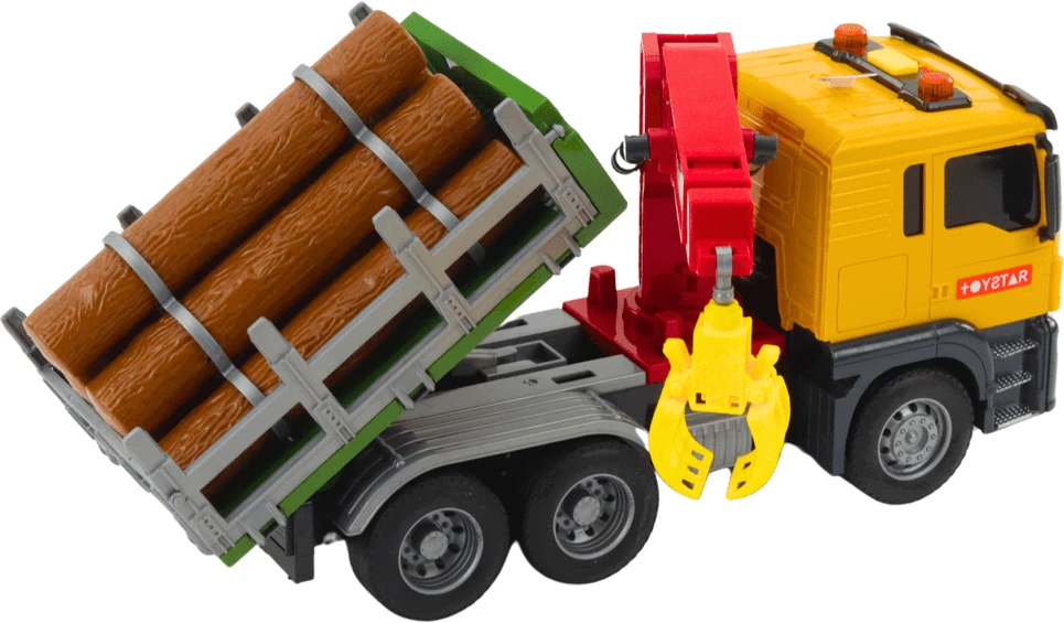 Lean Toys Geltonas medienos gabenimo sunkvežimis su kranu 1:14