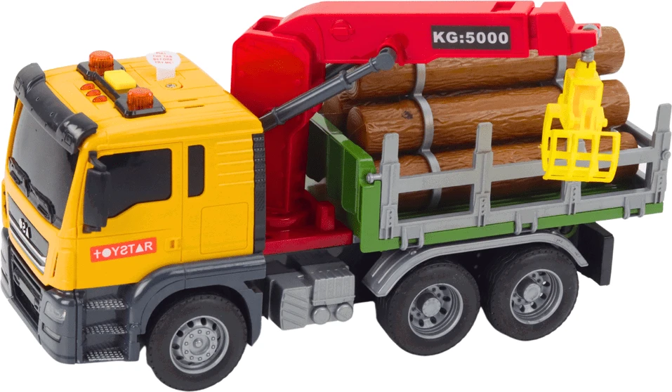 Lean Toys Geltonas medienos gabenimo sunkvežimis su kranu 1:14