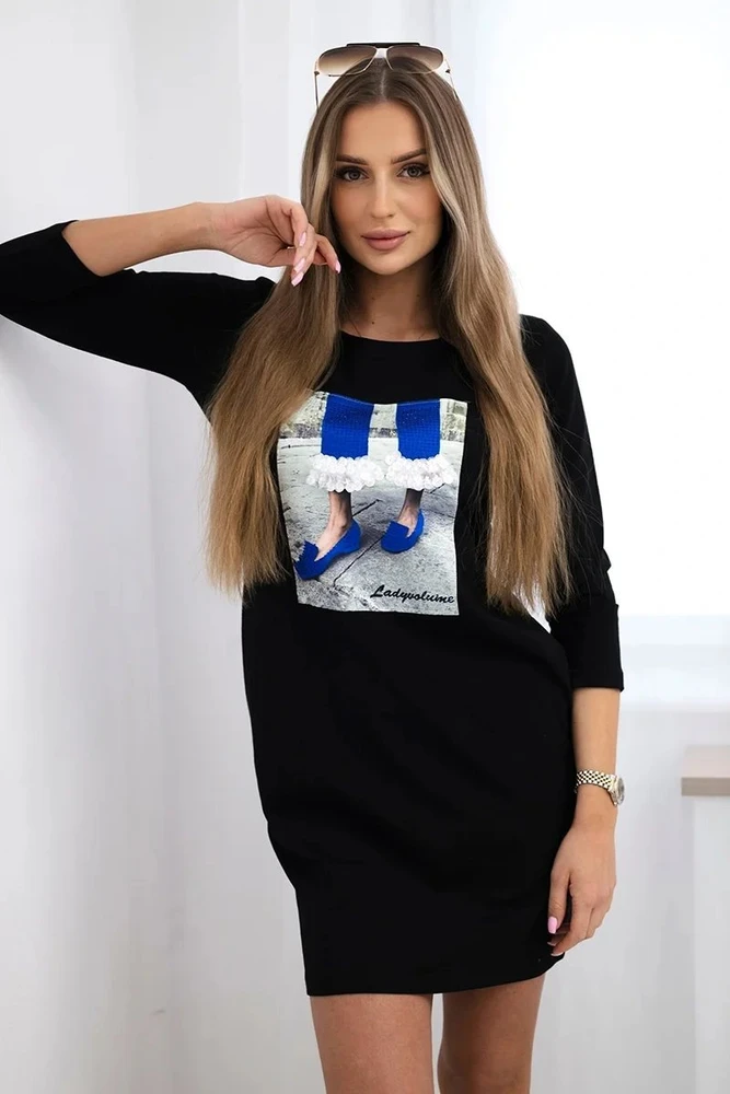 Medvilninė suknelė su 3D grafika ir cirkonais, juoda