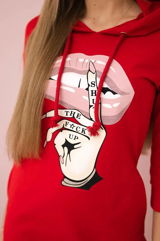 Medvilninė suknelė su gobtuvu ir ilgesne nugara, raudona