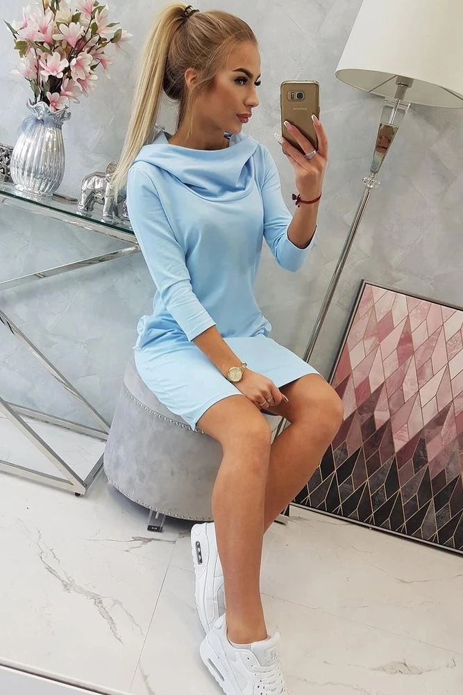 Medvilninė suknelė su gobtuvu ir kišenėmis, mėlyna