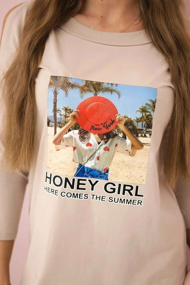 Medvilninė suknelė su „Honey girl“ raštu, smėlio