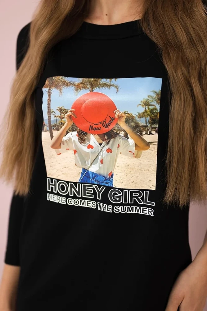 Medvilninė suknelė su „Honey girl“ spaudu, juoda