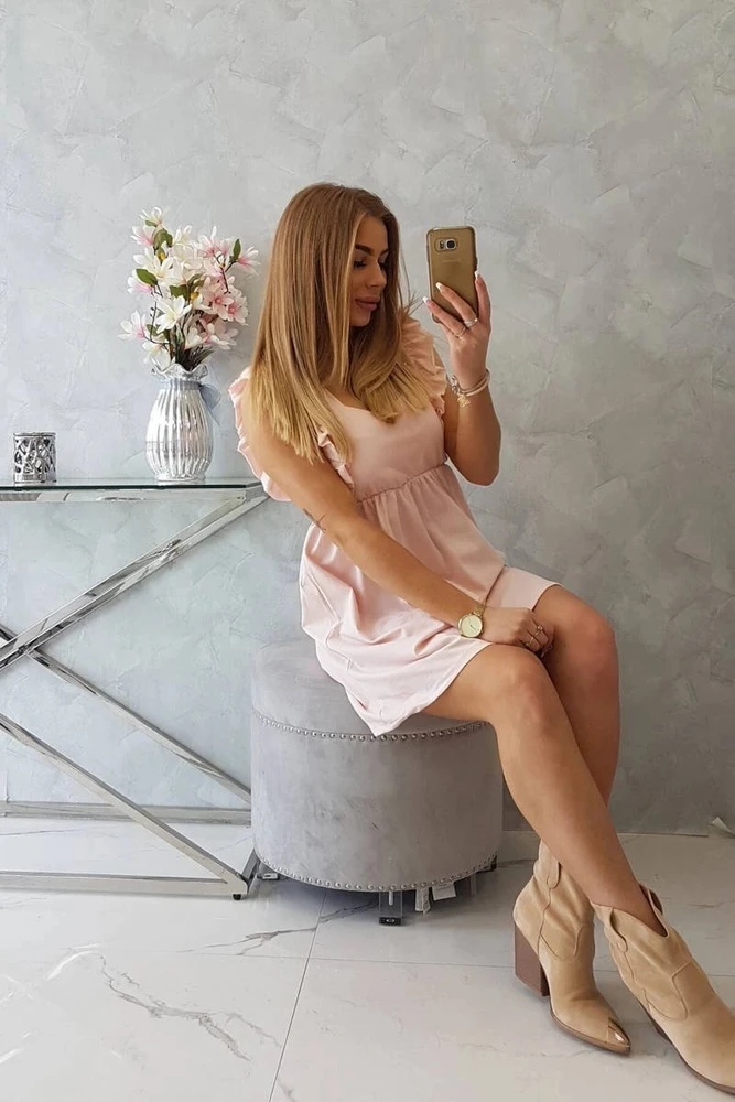 Medvilninė suknelė su raukiniais šonuose, pudros rožinė