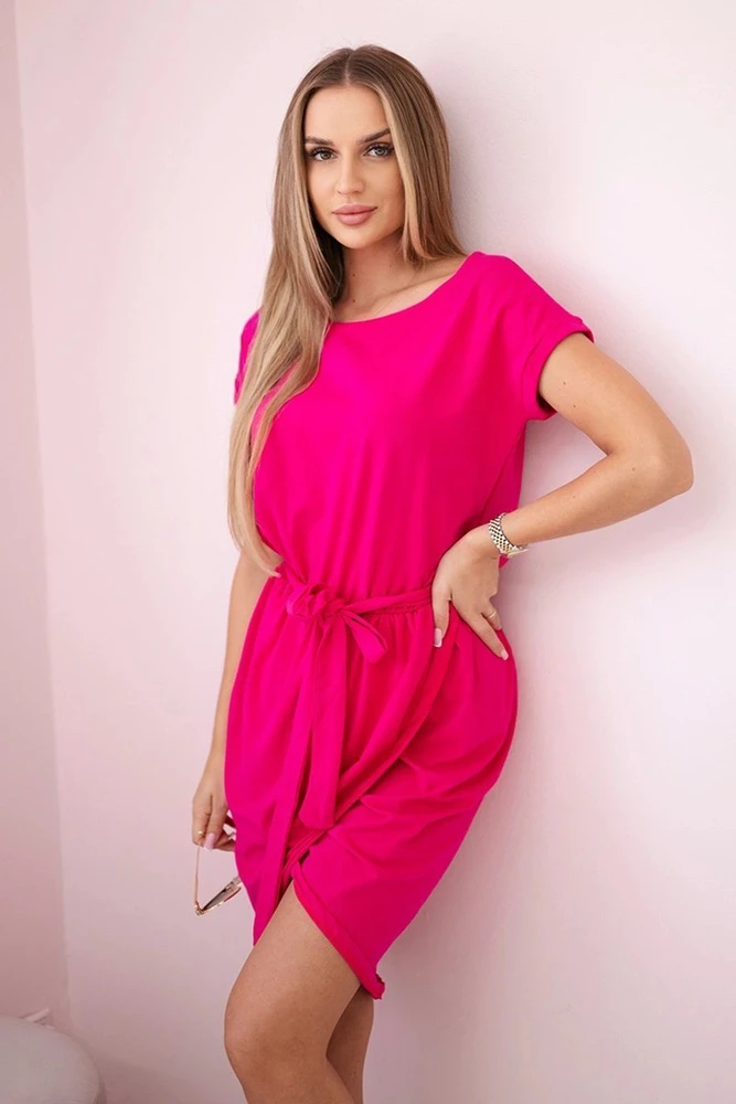 Medvilninė suknelė su surišamu juosmeniu, ryškiai rožinė