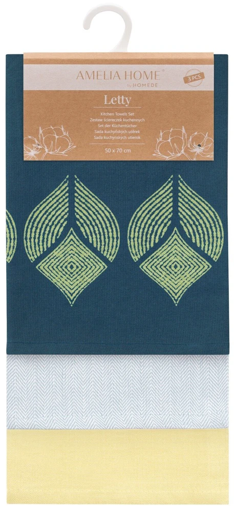 AmeliaHome Medvilninės virtuvinės šluostės MIX Stamp, geltonos ir mėlynos, 3 vnt., 50×70 cm