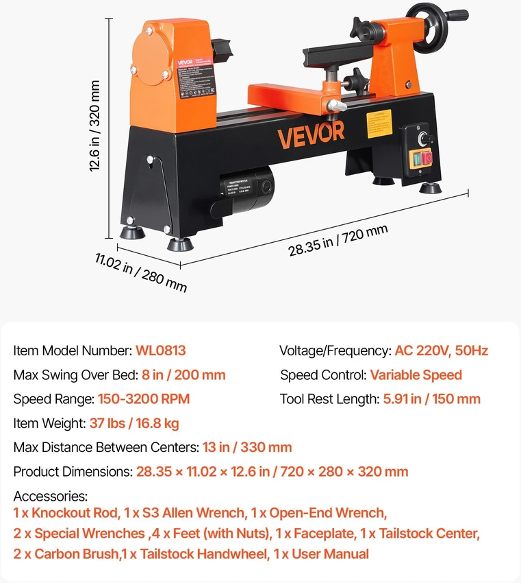 Medžio tekinimo staklės VEVOR WL0813, 250 W