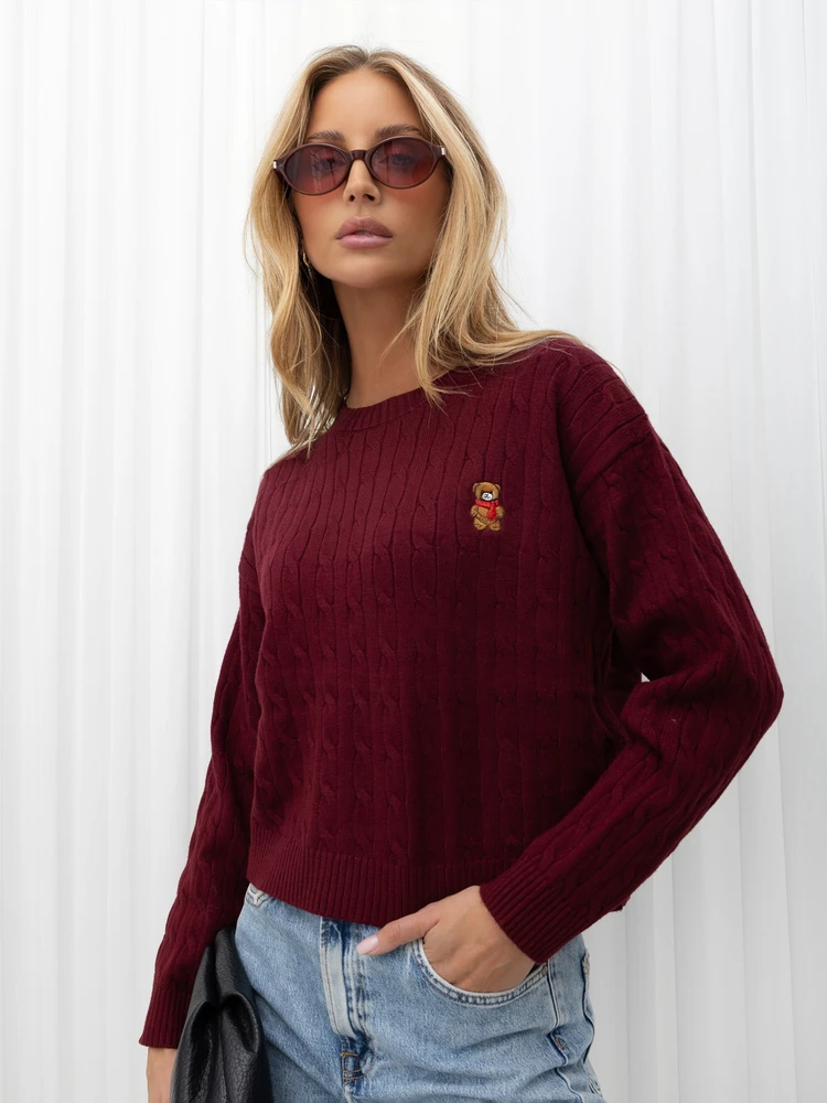 Moteriškas viskozinis megztinis su meškiuko motyvu Italy Moda, bordo